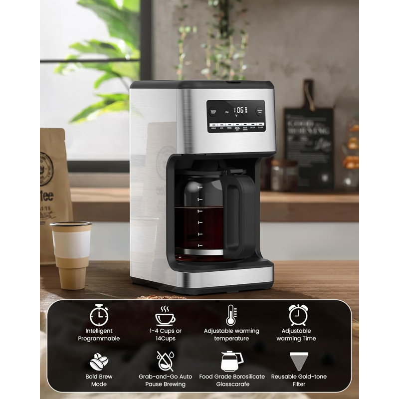 14-Cup Programmable Coffee Maker with Self-Clean, Keep-Warm Plate & Reusable Filter ,Stainless Steel