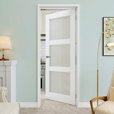 Porte pré-suspendue en verre givré 3-Lite 30 po x 80 po avec levier incurvé et charnières argentées, dalle de porte d'intimité en verre, peint et imperméable, combinaison pour la lessive, portes de placard, portes de pièce, droite