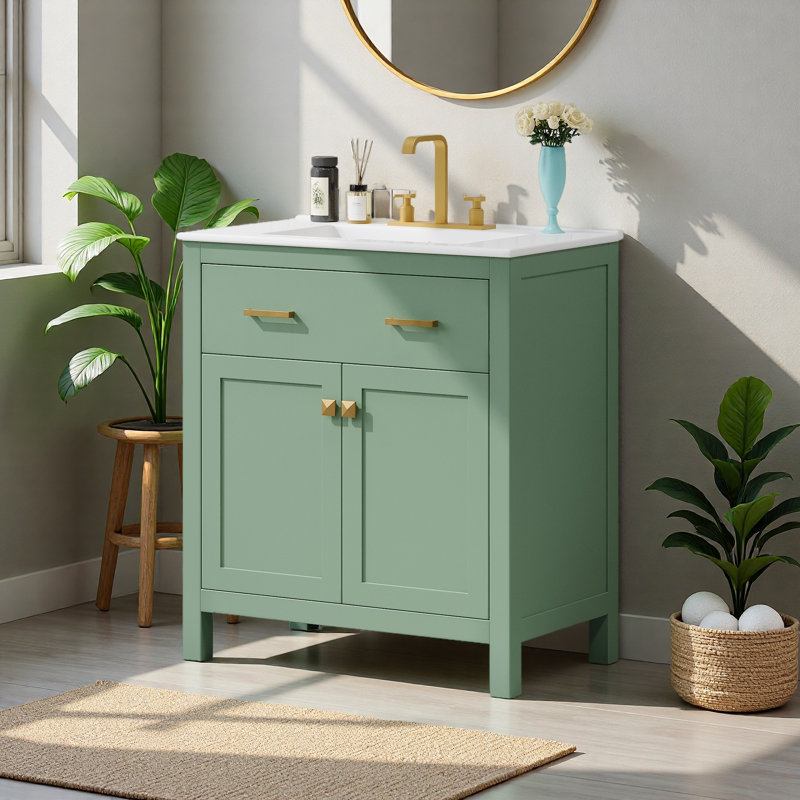 30-Inch Bathroom Vanity With Ceramic Sink, Green/Gold