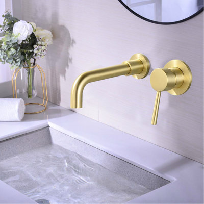 Robinet pour salle de bain mural en or brossé - look moderne avec bec incurvé à poignée simple et robinet en métal dans un design élégant pour lavabo Aérateur rotatif à 360 degrés avec finition de tache de 2,17 po