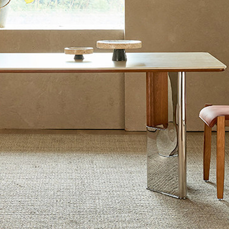 Beige Rock Slab Rectangular Dining Table Sets, 29.52"H x 78.74"L x 35.43"W