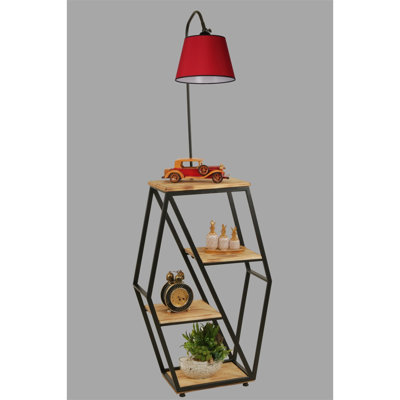 Lampe sur pied moderne avec structure en métal et bibliothèque 100% bois de sapin, hauteur 65,0 pouces | Peinture électrostatique séchée au four, couleur rouge | Douille E27, 40 W maximum | Éclairage élégant et rangement fonctionnel pour la décoration intérieure