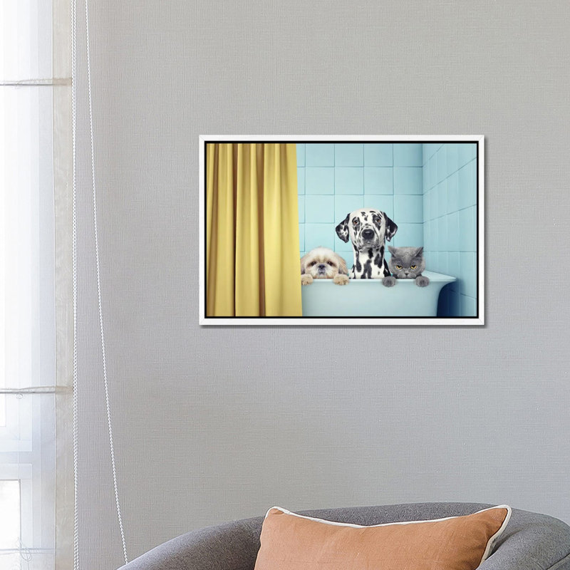 Two Dogs And Cat In The Bath by Helga1981 - Print on Canvas, 45.72cm H x 66.04cm W x 3.81cm D, White Framed