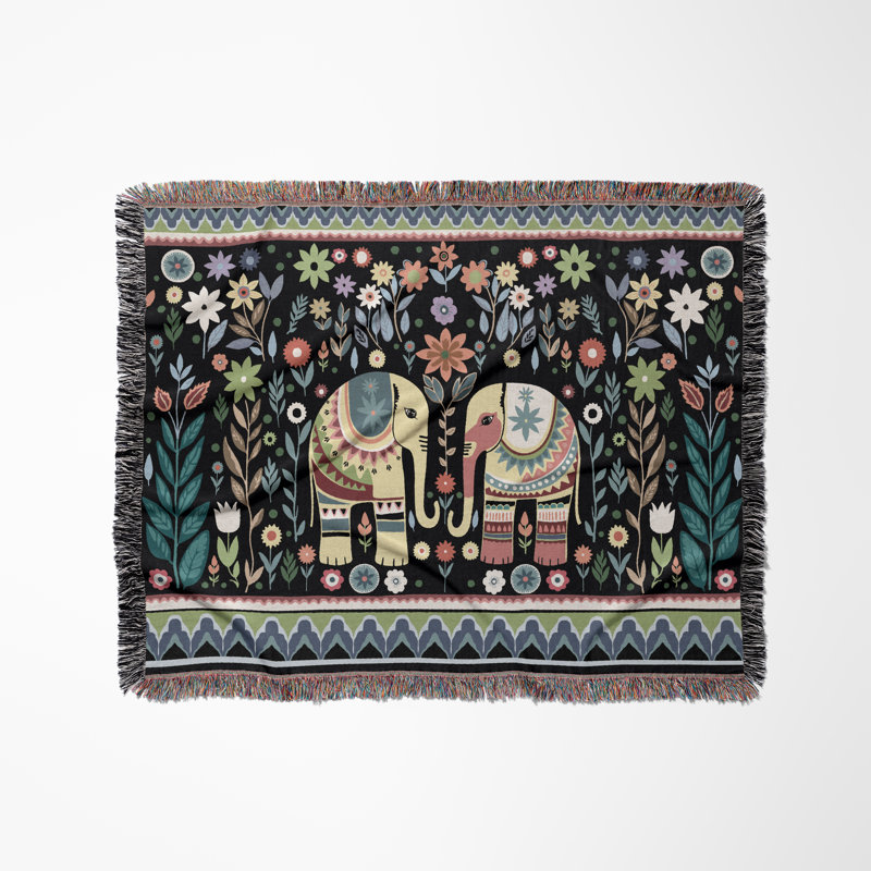 Jeté en mélange de coton Cece Elephant, L 80 po x l 60 po, Noir / vert / jaune