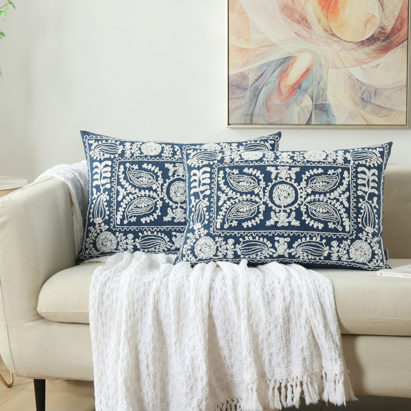 Embroidery Pillow Cover Cotton Canvas Coiling Embroidery Pillow Cover, Navy