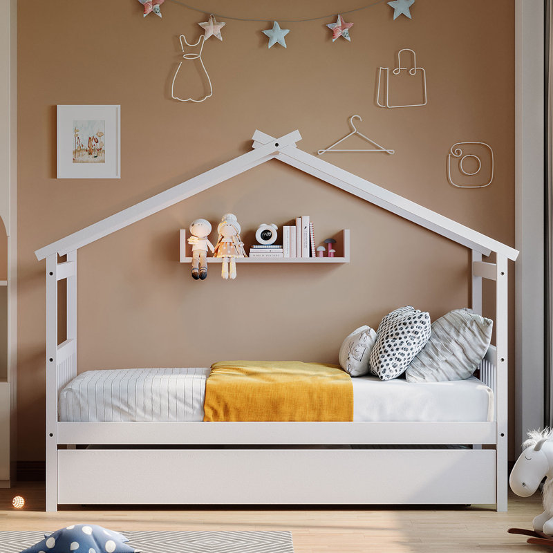 Lit en bois avec lit gigogne simple, Blanc, Lit simple