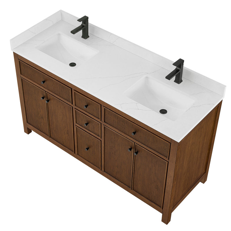 Elan TK 66" Freestanding Double Bathroom Vanity with Cultured Marble Top, White Cultured Marble, Dark Walnut, Brushed Gold