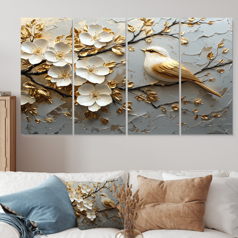 Fleurs de cerisier blanches et or sur une branche II - ensemble de décorations murales fleurs de cerisier, H 32 po x l 64 po