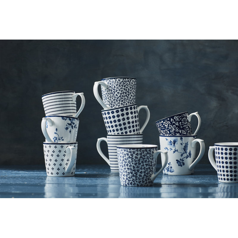 Set of 4 Blue and White Ceramic Floral Mugs