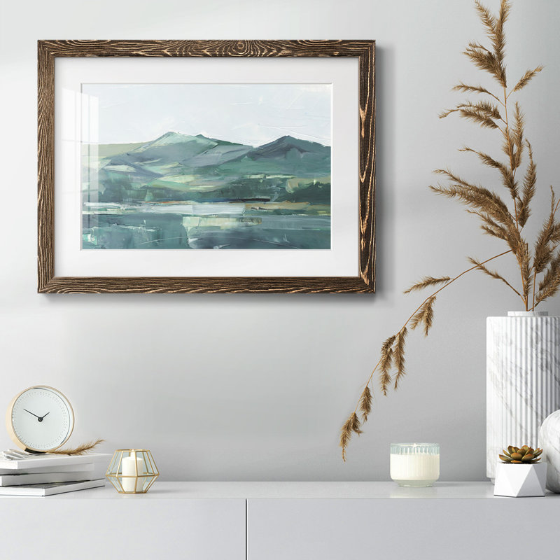 Montagnes vertes et grises II - Tableau encadré sous verre acrylique, grand format, idéal pour le salon, Noyer