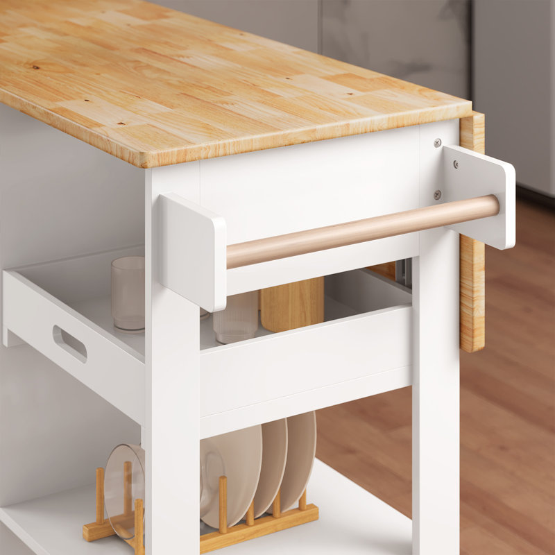 Wood Kitchen Island with Drop Leaf Breakfast Bar, Rolling Kitchen Cart with 2 Doors and 2 Shelves, Mobile Storage Island with Spice Rack and Towel Rack
