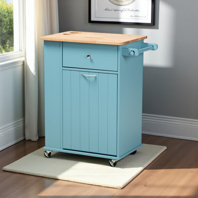 Summon Contemporary Sky Blue Wood Kitchen Storage Cart, 34.15" H X 17.5" W X 28.5" D