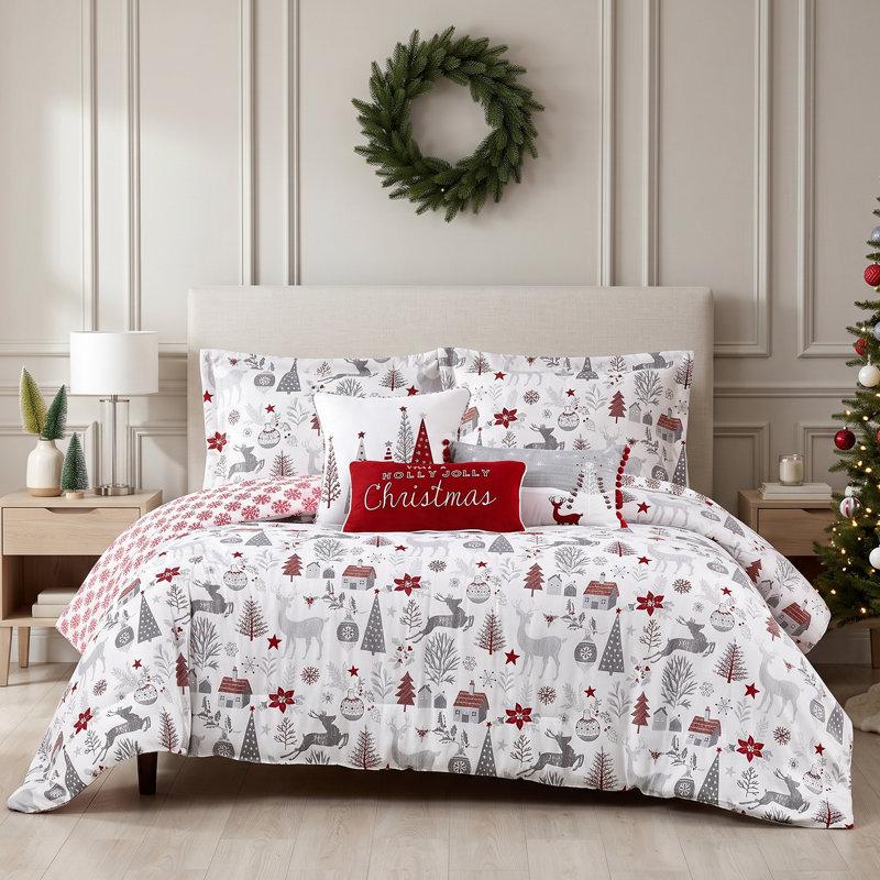 Southshore Fine Linens Holly Jolly Lane Comforter Bedding Set, 6-Piece, 1 Comforter, 2 Shams, 2 Throw Pillows and 1 Pillow Cover, Full/Queen