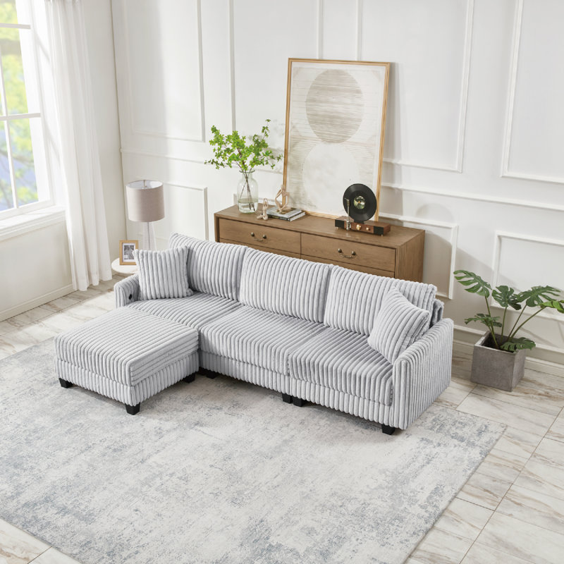 3-Seat L-Shaped Sectional Sofa with Built-In Dual Charging Ports and Luxurious Corduroy Fabric