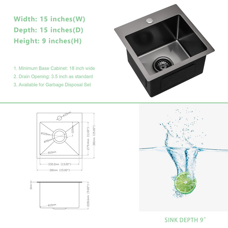 15" L x 20" W Drop-In Kitchen Bar Sink Single Bowl Stainless Steel Kitchen Sink with One Faucet Hole, 15" L x 15" W