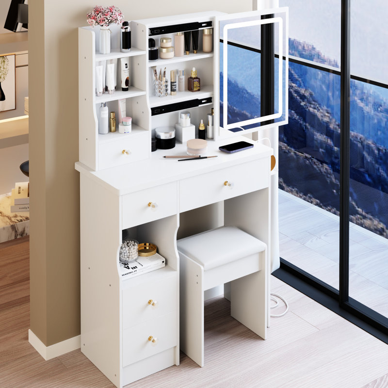 29.2" Left Drawer Vanity Table With Cushioned Stool, 2 Ac+2 Power Supply, Hair Dryer Bracket, Large Touch - Controlled Sliding Led Mirror Three Color Lighting And Brightness Adjustment, Suitable For
