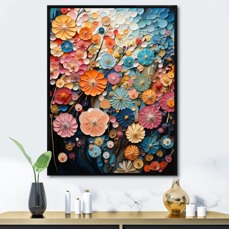 Fleurs du Japon kimono kaléidoscope sur toile, Cadre flottant noir, H 32 po x l 16 po x P 1 po