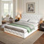 EU Double & Kingsize Linen Ottoman Bed with RGB LED Lights, Upholstered Tufted Bed Frame with Rivet Trim, Beige, 140 /160x200cm-2097321024