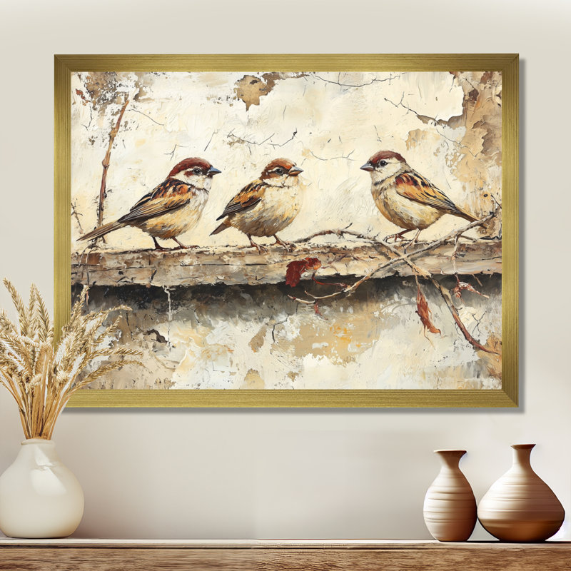 Bird Sparrows By The Farm House - art mural grand oiseau, Cadre simple, H 34 po x l 44 po, Doré