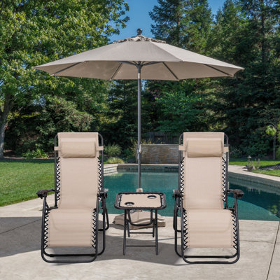 Outdoor 3 Pieces Folding Portable Reclining Lounge Chairs Table Set