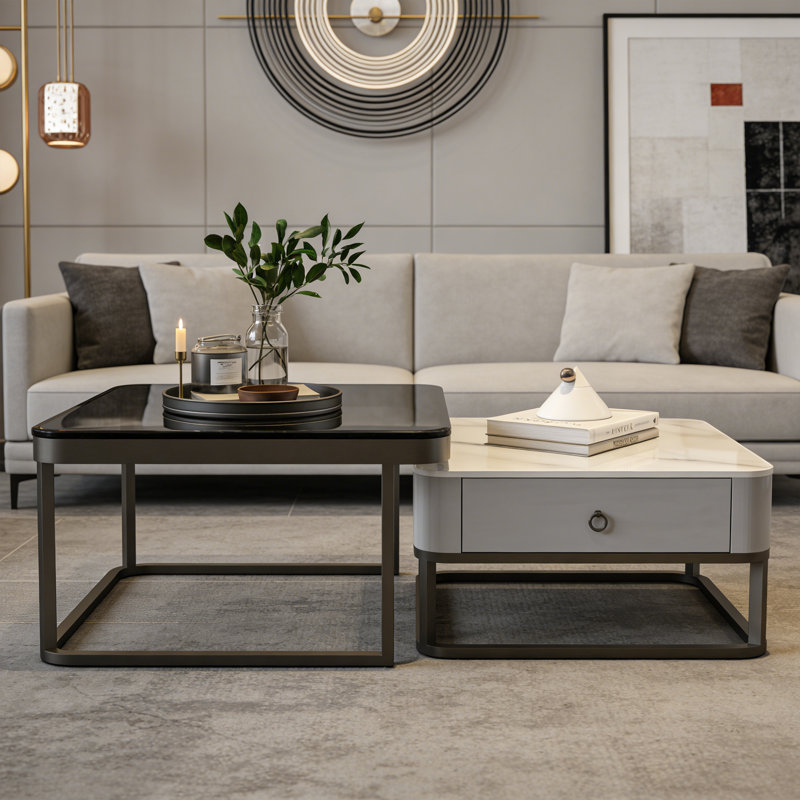 Table basse simple et moderne, Blanc / gris / transparent, Black, H 17 po x L 31,49 po x l 31,49 po