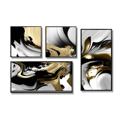Wild Wave Bliss abstrait or blanc noir V - art mural doré 4 pièces