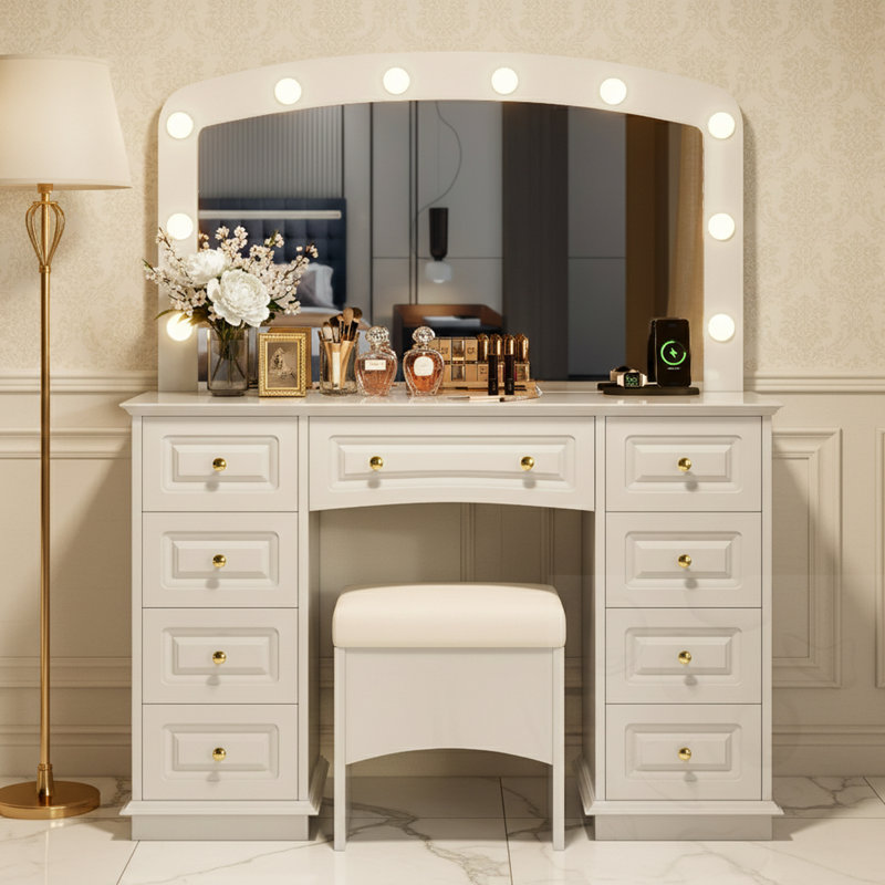 9-Drawer Makeup Vanity With 10 Hollywood Bulbs And Stool