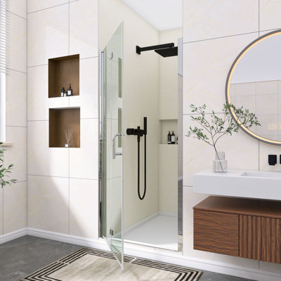 34" × 72" Auto Lift Pivot Folding Shower Door, SGCC Certified 6Mm Clear Tempered Glass, Aluminum Frame With Stainless Steel Handle & Hinges, Reversible Installation, 1 3/8 Inch Adjustable Width，Chrome
