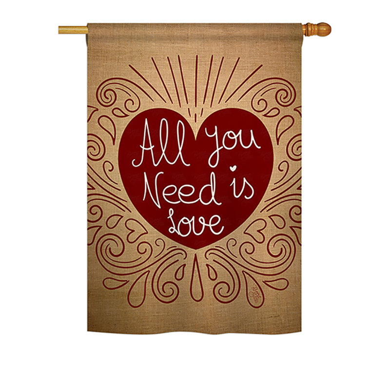 Drapeau de maison en polyester à 2 côtés "all you need is love en toile jute", H 18,5 po x l 13 po