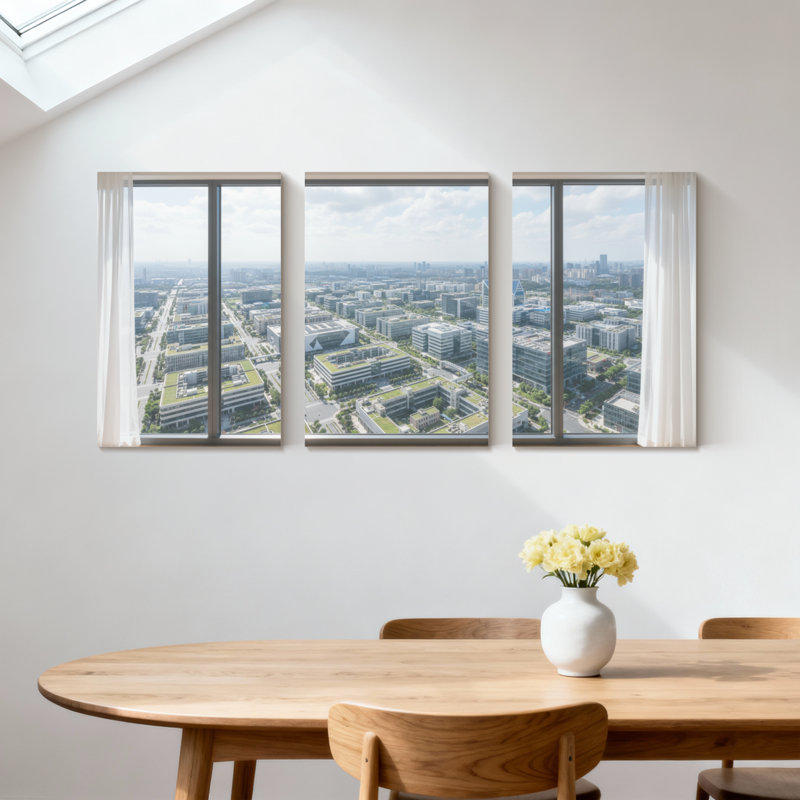 Scénario et paysages urbains, paysage urbain, architecture moderne, paysage urbain, fenêtre panoramique, ensemble de 3 impressions sur toile