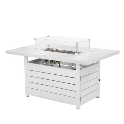 Table de foyer en aluminium blanc 50000, multifonctionnelle avec pierres de lave et housse imperméable, idéale pour les réunions de famille en extérieur. Couvercle convertible en pierres, parfait pour les soirées.