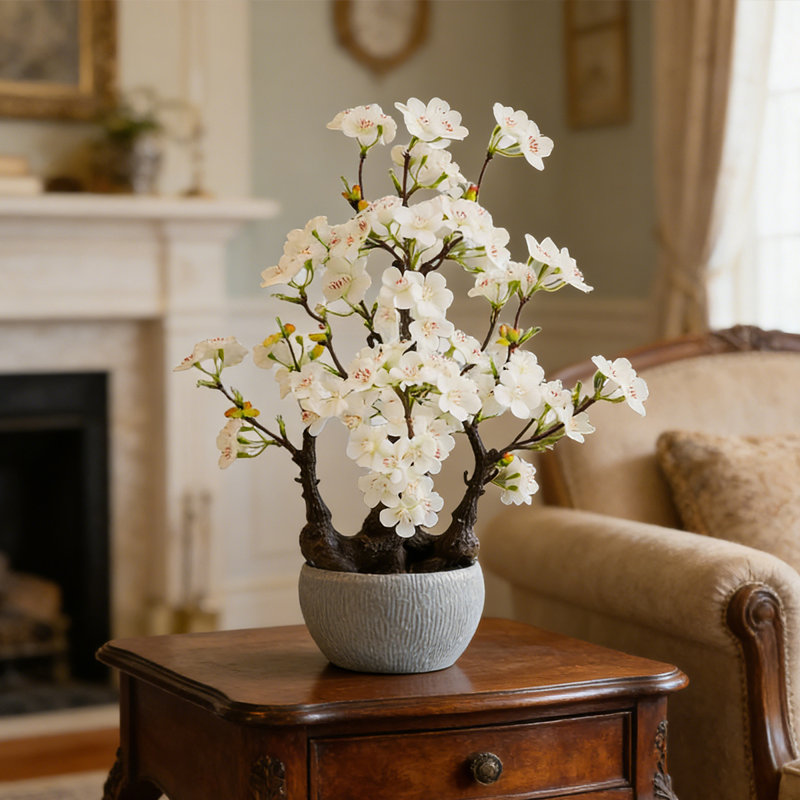 18" Artificial White Cherry Blossom Tree With Lifelike Flowers, Faux Bonsai Tree In Decorative Pot