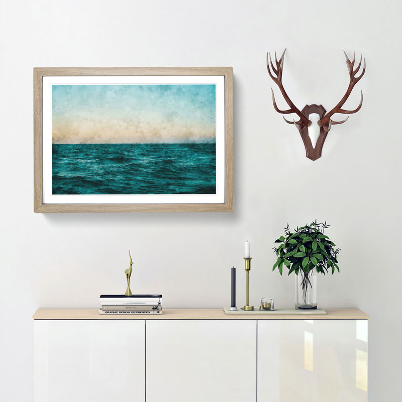 Ocean Stripe - Single Picture Frame Painting on MDF, Oak Framed, 27cm H x 36cm W x 2cm D