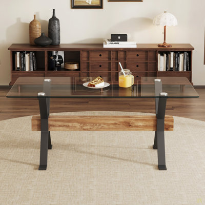 Dining table. Modern tempered glass dining table. Large modern office desk with metal legs and MDF crossbars, suitable for home and office use. Kitchen 70.9 inches x 35.4 inches x 30 inches