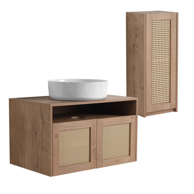 Meuble-lavabo de 30 po avec lavabo d'art en céramique et armoire latérale, 2 portes à fermeture en douceur, montage flottant, contreplaqué (emballage KD)