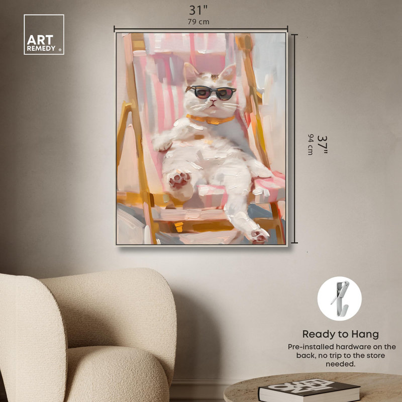 «Cool Cat Sunbathing Canvas» par Art Remedy, H 37 po x l 31 po x P 2 po, Encadrement argenté