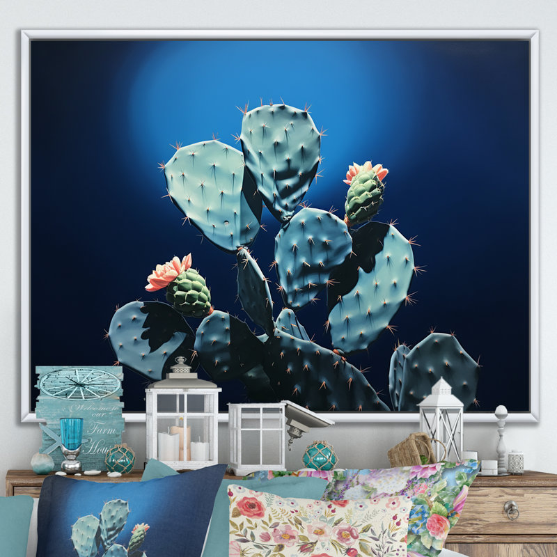 Cactus saphir solitude I sur toile, H 16 po x l 32 po x P 1 po, Cadre flottant blanc