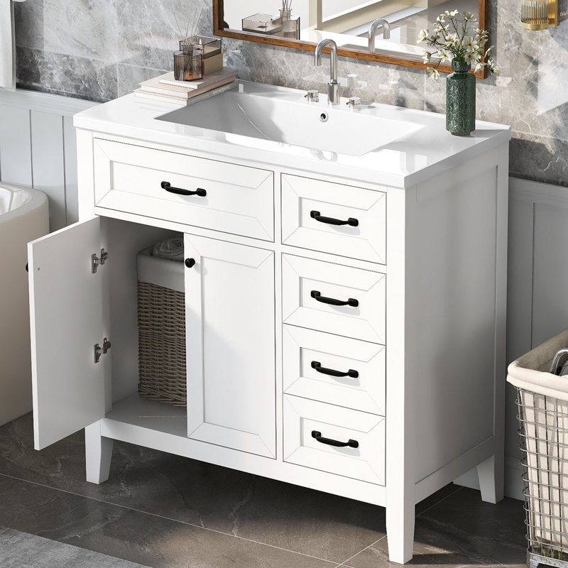 Meuble-lavabo 36 po avec lavabo, armoire de salle de bain avec tiroirs, structure solide et panneau de fibres à densité moyenne