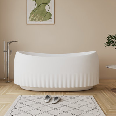 63" Acrylic Freestanding Bathtub,Oval Deep Soaking Tub with Fluted Design,Integrated Overflow and Pedestal