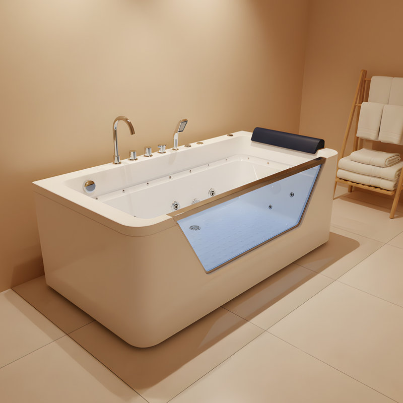 67" Jetted Bathtub, 7 Jets, 89 Gallons, White - , , Comfortable Recline Angle Bathtub With 3 Side Apron, Led Lighting, Ergonomic Control, Acrylic Tub