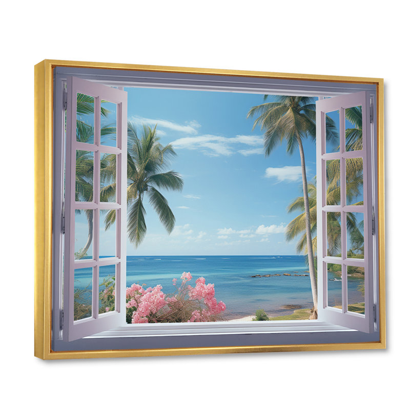 Vue sur l'océan tropical à travers une fenêtre blanche ouverte - art mural sur toile côtière, H 16 po x l 32 po x P 1 po