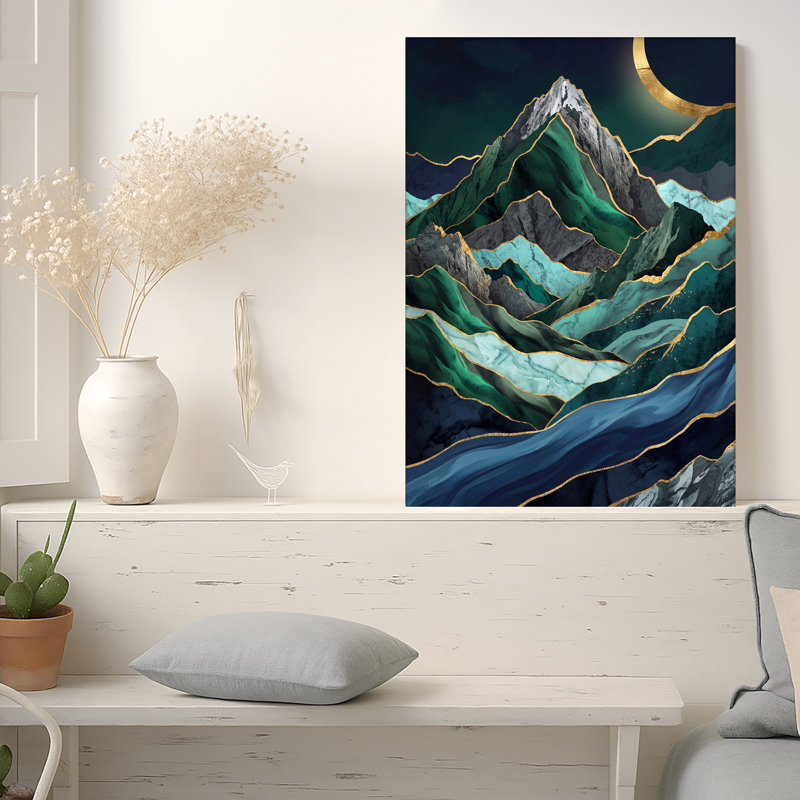 Art mural sur toile vert et bleu avec montagnes en marbre, 24"H x 16"W
