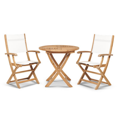 Stella 3-Piece Teak Outdoor Bistro Set Folding Table And Armchairs In White PVC-coated polyester Fabric
