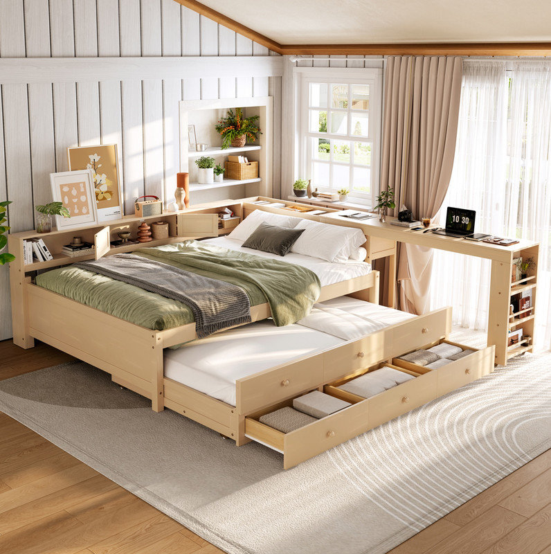Full Size Daybed With Trundle,Wood Daybed Frame with Storage Drawers,Side Shelves and Desk,Golden, Natural, Full/Double
