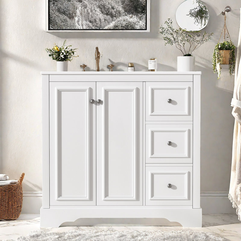Meuble-lavabo 36 po avec plateau en céramique, tiroirs et armoire, Blanc