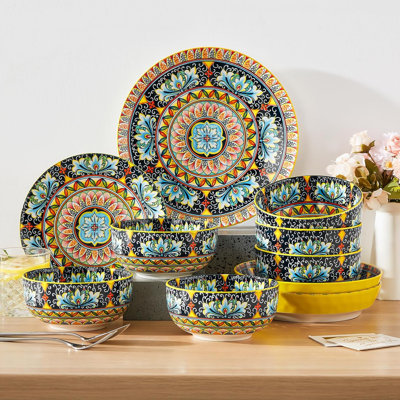 Bohemian Ceramic Bowls Set Of 6, 28 Oz Colorful Soup Bowls For Kitchen, Microwave & Dishwasher Safe For Salad, Pasta, Rice, Oatmeal, Fruit, Durable And Stylish Dinnerware
