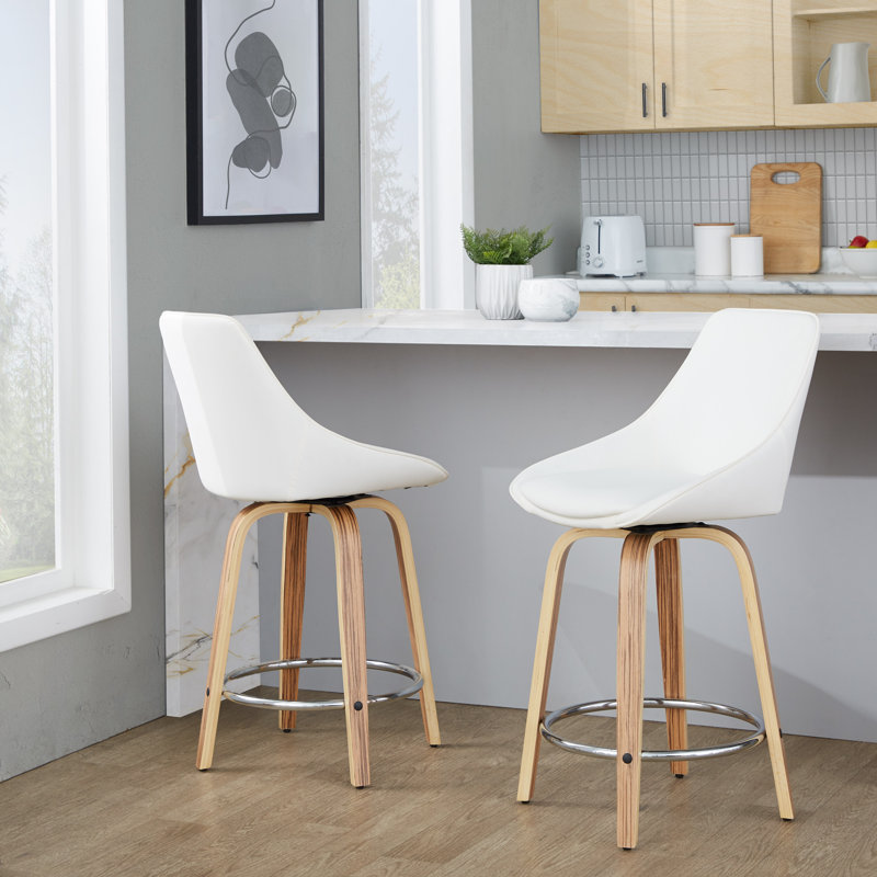 Tabouret de comptoir à hauteur fixe Diana avec pieds en bois courbé et repose-pieds rond - ensemble de 2, Blanc