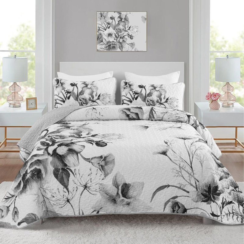 Ensemble de courtepointe à motif floral pour grand lit 3 pièces Floral, Grey Floral