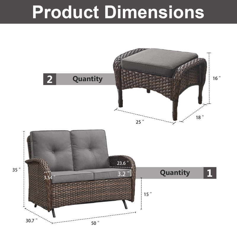 Causeuse de patio en osier avec repose-pieds 50 po Aluel, Gris, Brun