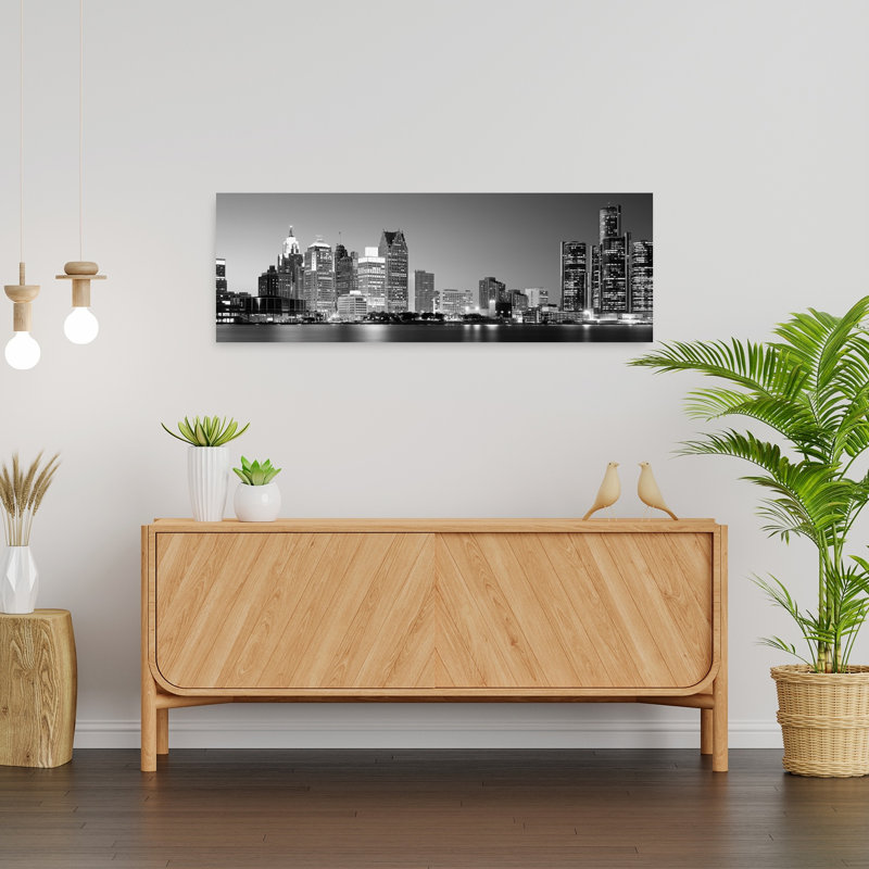 City at the waterfront Lake Erie Detroit Wayne County Michigan USA 1 Piece Wrapped Canvas Panoramic Wall Art